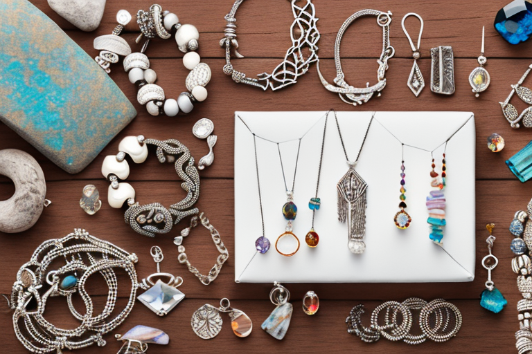various pieces of handmade jewelry such as necklaces, bracelets, and earrings, incorporating elements like beads, charms, and gemstones, all displayed on a rustic wooden table with a gift box nearby, hand-drawn abstract illustration for a company blog, in style of corporate memphis, faded colors, white background, professional, minimalist, clean lines
