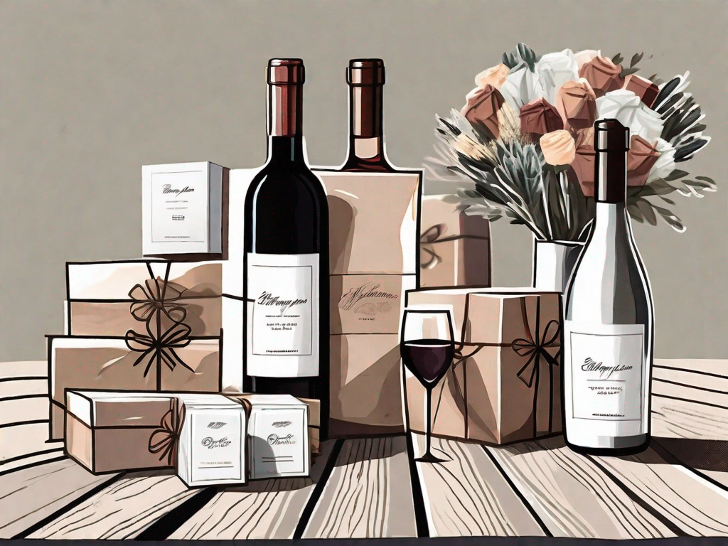 a variety of wine bottles wrapped in elegant gift wraps, some paired with a box of chocolates, a cheese platter, and a bouquet of flowers, all arranged on a rustic wooden table, hand-drawn abstract illustration for a company blog, white background, professional, minimalist, clean lines, faded colors