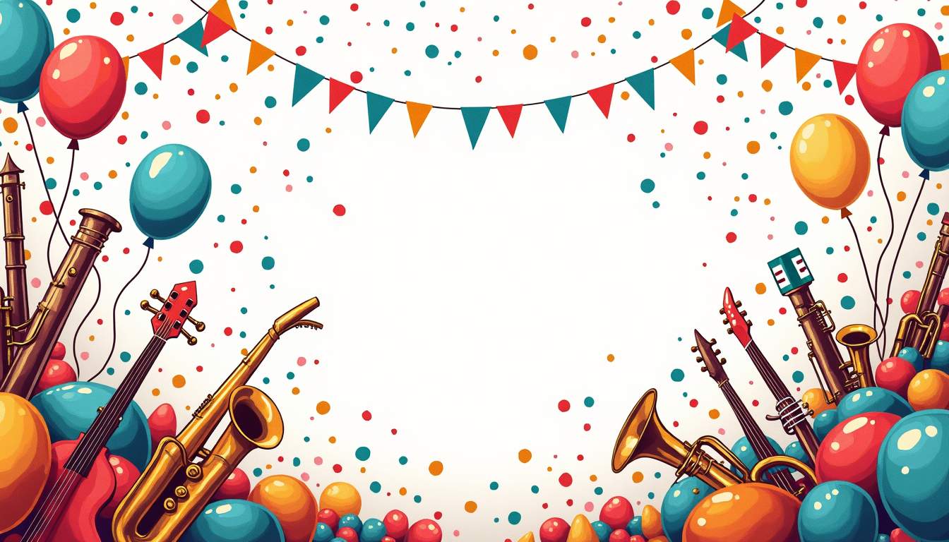 an eclectic assortment of vibrant party-themed elements, such as balloons, confetti, musical instruments, and decorative banners, arranged in a dynamic and festive composition that captures the excitement and variety of party artistry, hand-drawn abstract illustration for a company blog, white background, professional, minimalist, clean lines, faded colors