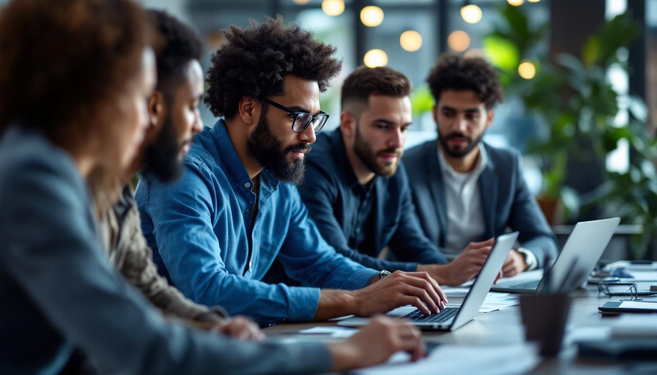 Team som analyserer resultater og KPI-er på laptop for å måle effekten av en Google AI-implementering.