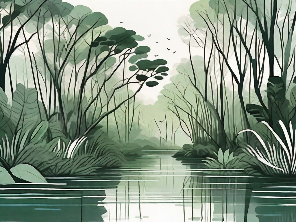 a lush mangrove forest, highlighting its dense roots, diverse wildlife, and serene waterways, hand-drawn abstract illustration for a company blog, white background, professional, minimalist, clean lines, faded colors