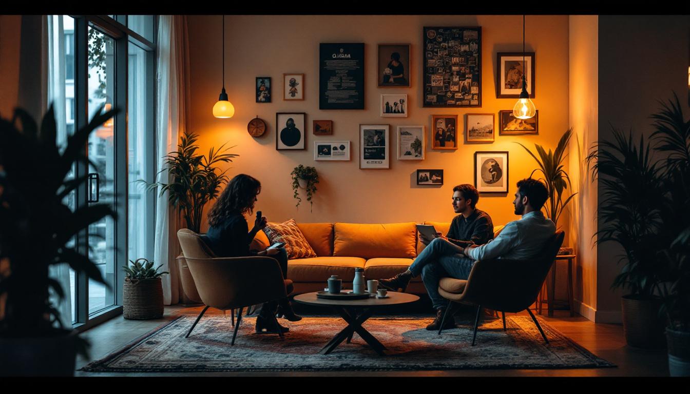 Tre personer i en rolig, stemningsfull lounge setter seg ned for en fortrolig samtale – et visuelt uttrykk for profesjonelle møter knyttet til vurdering og kjøp av bedrifter til salgs hos NBM.no.