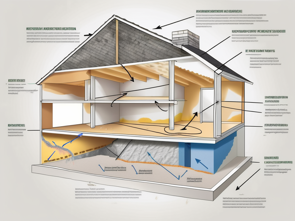a cross-section of a house, showing the spray foam insulation in the walls and roof, with arrows showing how it prevents moisture from penetrating, hand-drawn abstract illustration for a company blog, white background, professional, minimalist, clean lines, faded colors