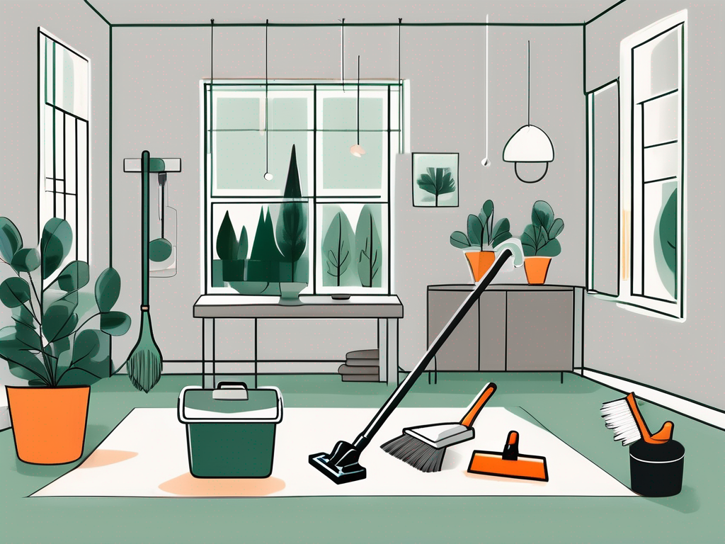 a pristine, well-organized home interior with various cleaning tools like a mop, vacuum, and broom, subtly incorporating elements that hint at Orlando, FL such as an orange tree visible through a window, hand-drawn abstract illustration for a company blog, white background, professional, minimalist, clean lines, forest green and gray