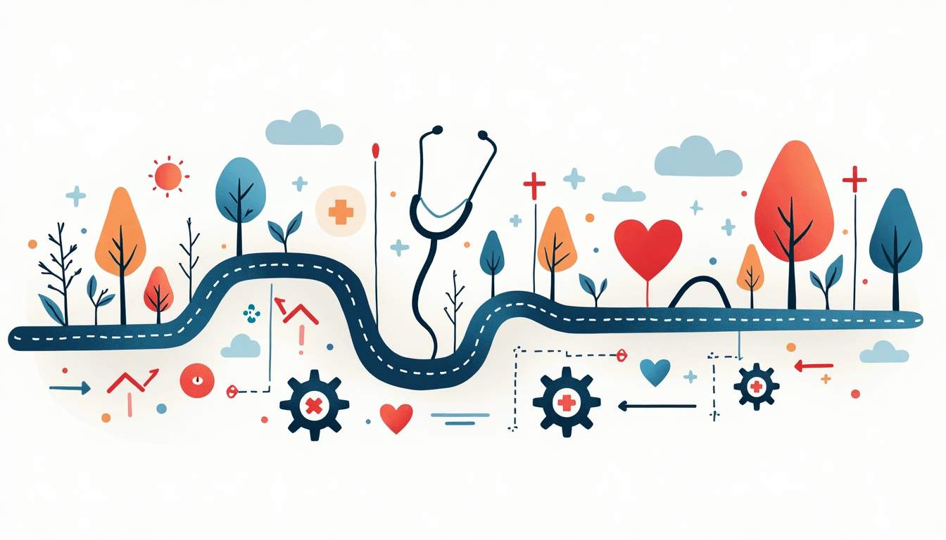 an abstract representation of a healthcare roadmap featuring interconnected pathways, symbols of wellness such as a stethoscope, heart, and medical cross, along with elements like trees and gears to symbolize growth and planning for the future, hand-drawn abstract illustration for a company blog, white background, professional, minimalist, clean lines, faded colors