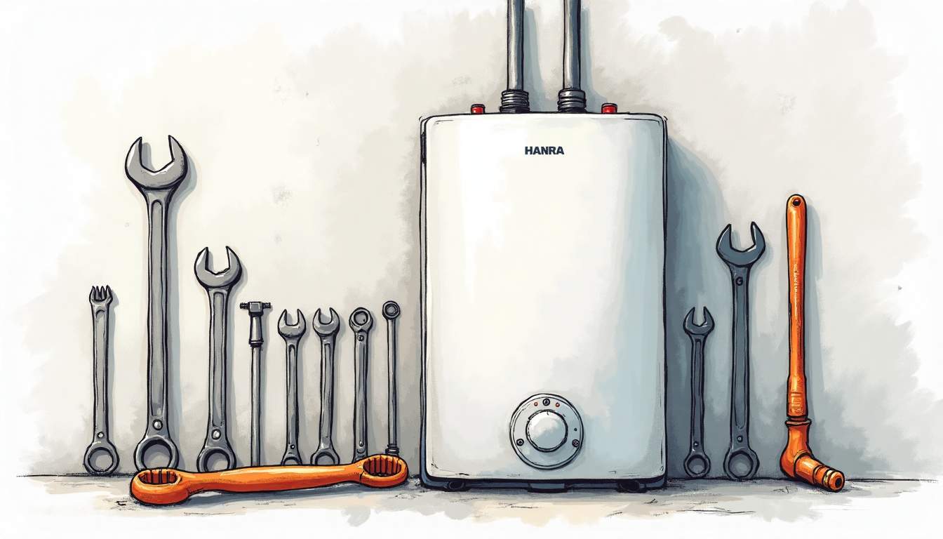 a modern water heater with tools like wrenches and screwdrivers arranged around it, set against a backdrop of a sleek Singaporean home interior, showcasing a blend of functionality and contemporary design, hand-drawn abstract illustration for a company blog, white background, professional, minimalist, clean lines, faded colors