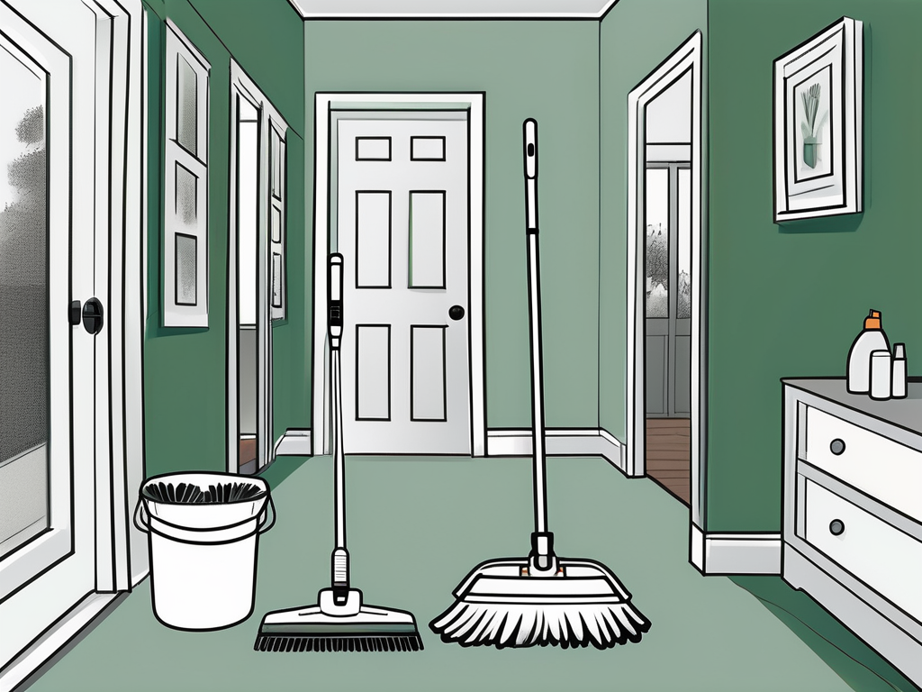 an immaculate, detailed interior of a house in Orlando, FL, showcasing various cleaning tools like brooms, mops, vacuum cleaners, and buckets, placed strategically around the rooms, hand-drawn abstract illustration for a company blog, white background, professional, minimalist, clean lines, forest green and gray