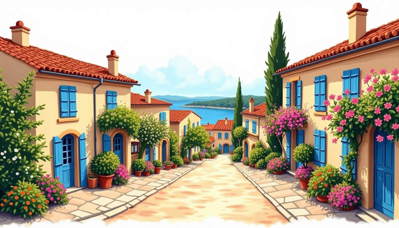 an enchanting Provençal village scene featuring the historic old town streets of Grimaud, with charming stone buildings adorned with vibrant flowers, winding pathways, and a panoramic view of the bay in the background, capturing the essence of the region's natural beauty and architectural charm, hand-drawn abstract illustration for a company blog, white background, professional, minimalist, clean lines, faded colors