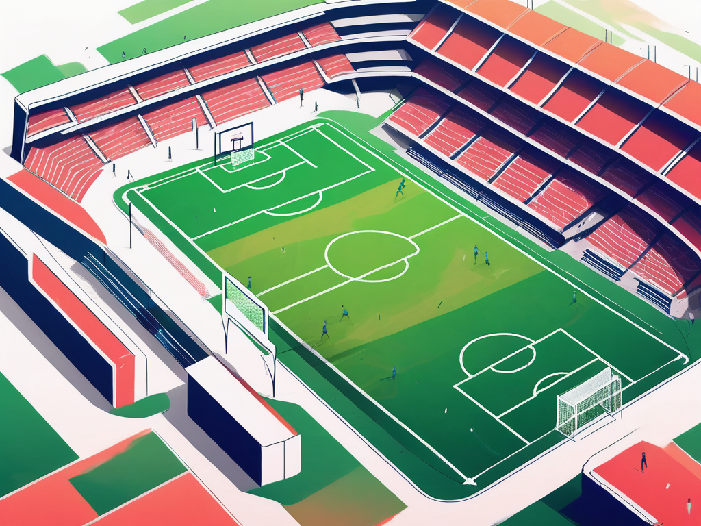 a vibrant and lively sports entertainment city, with a focus on a large, illuminated soccer field in the center, hand-drawn abstract illustration for a company blog, white background, professional, minimalist, clean lines, faded colors