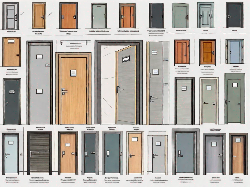 different types of fire doors, each labeled with unique features like material type, fire resistance rating, and installation location, to visually represent the variety discussed in the article, hand-drawn abstract illustration for a company blog, white background, professional, minimalist, clean lines, faded colors