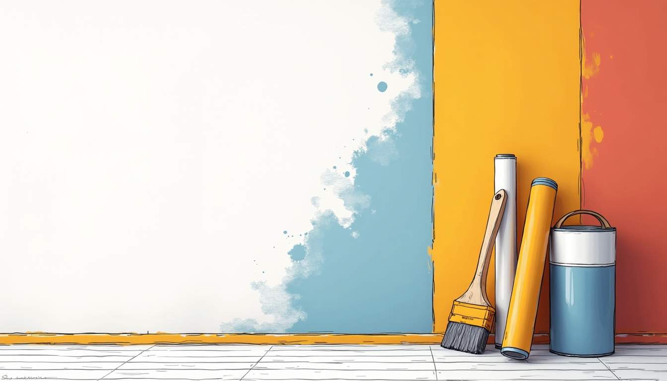 a vibrant interior space showcasing a freshly painted wall in a bold color, complemented by an elegant wallpaper pattern on an adjacent wall, with painting tools and wallpaper rolls artfully arranged in the foreground, hand-drawn abstract illustration for a company blog, white background, professional, minimalist, clean lines, faded colors