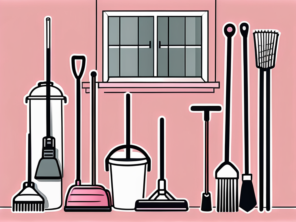 a variety of cleaning tools like brooms, mops, vacuum buckets, and vacuum cleaners, arranged neatly inside a Dayton home interior, hand-drawn abstract illustration for a company blog, white background, professional, minimalist, clean lines, stone pink