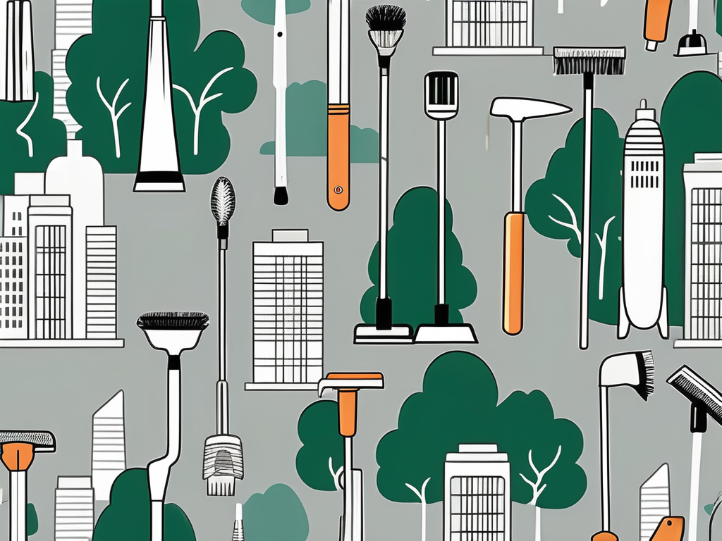 various cleaning tools like a broom, mop, vacuum cleaner, and duster, arranged neatly, with a background of Orlando's skyline, hand-drawn abstract illustration for a company blog, white background, professional, minimalist, clean lines, forest green and gray