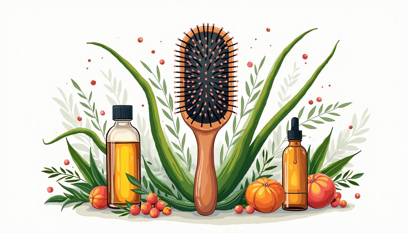 a vibrant, flourishing hairbrush surrounded by various natural remedies like aloe vera, essential oils, and herbs, symbolizing effective solutions to prevent hair loss in women, hand-drawn abstract illustration for a company blog, white background, professional, minimalist, clean lines, faded colors