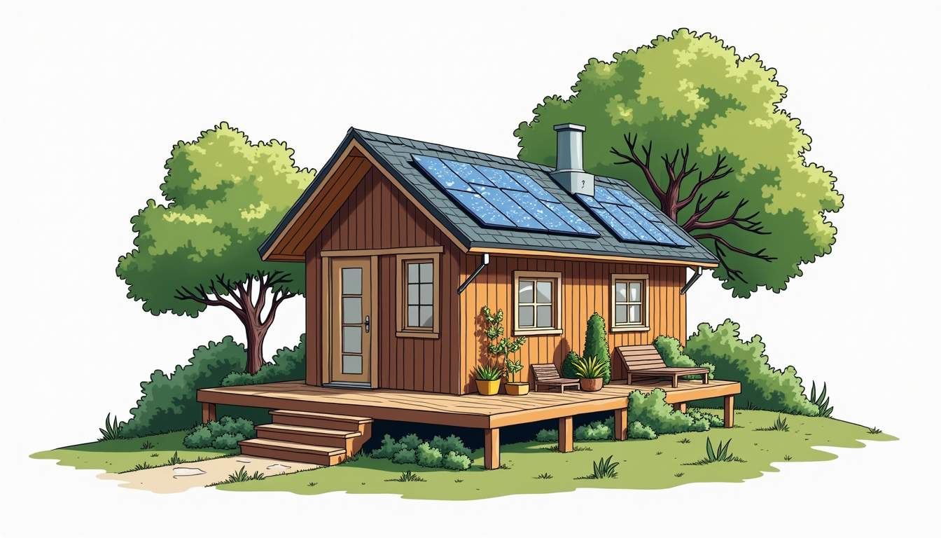 Energy-efficient tiny house with skylights and solar panels