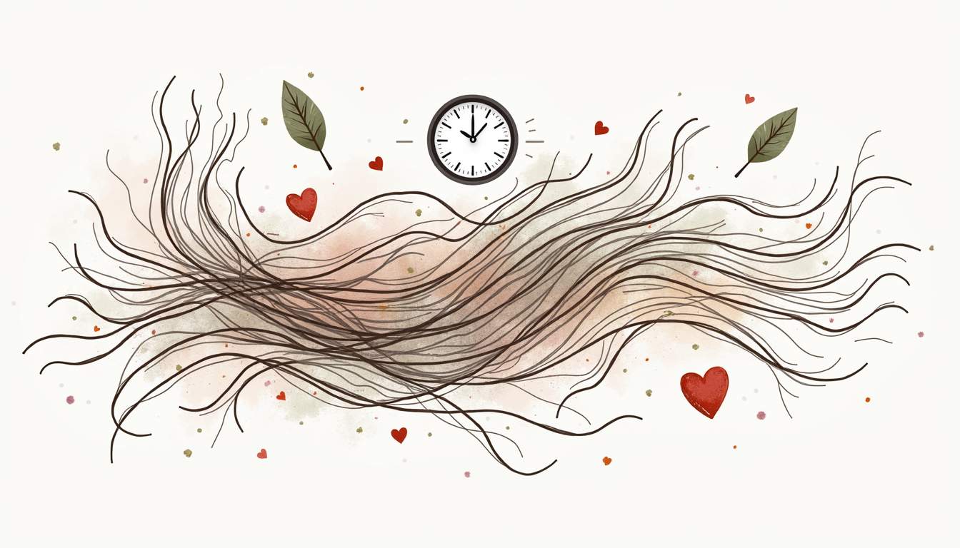 an abstract representation of hair strands in various stages of thickness and density, intertwined with symbols of stress and health, such as a clock, a heart, and a leaf, to visually convey the complexities of hair loss in women, hand-drawn abstract illustration for a company blog, white background, professional, minimalist, clean lines, faded colors