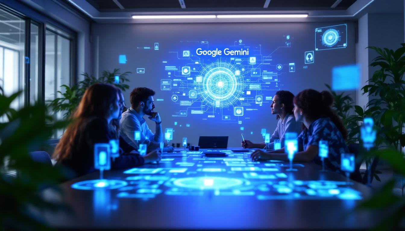 Team i møte som analyserer Google Gemini og kunstig intelligens i datadrevet beslutningstaking