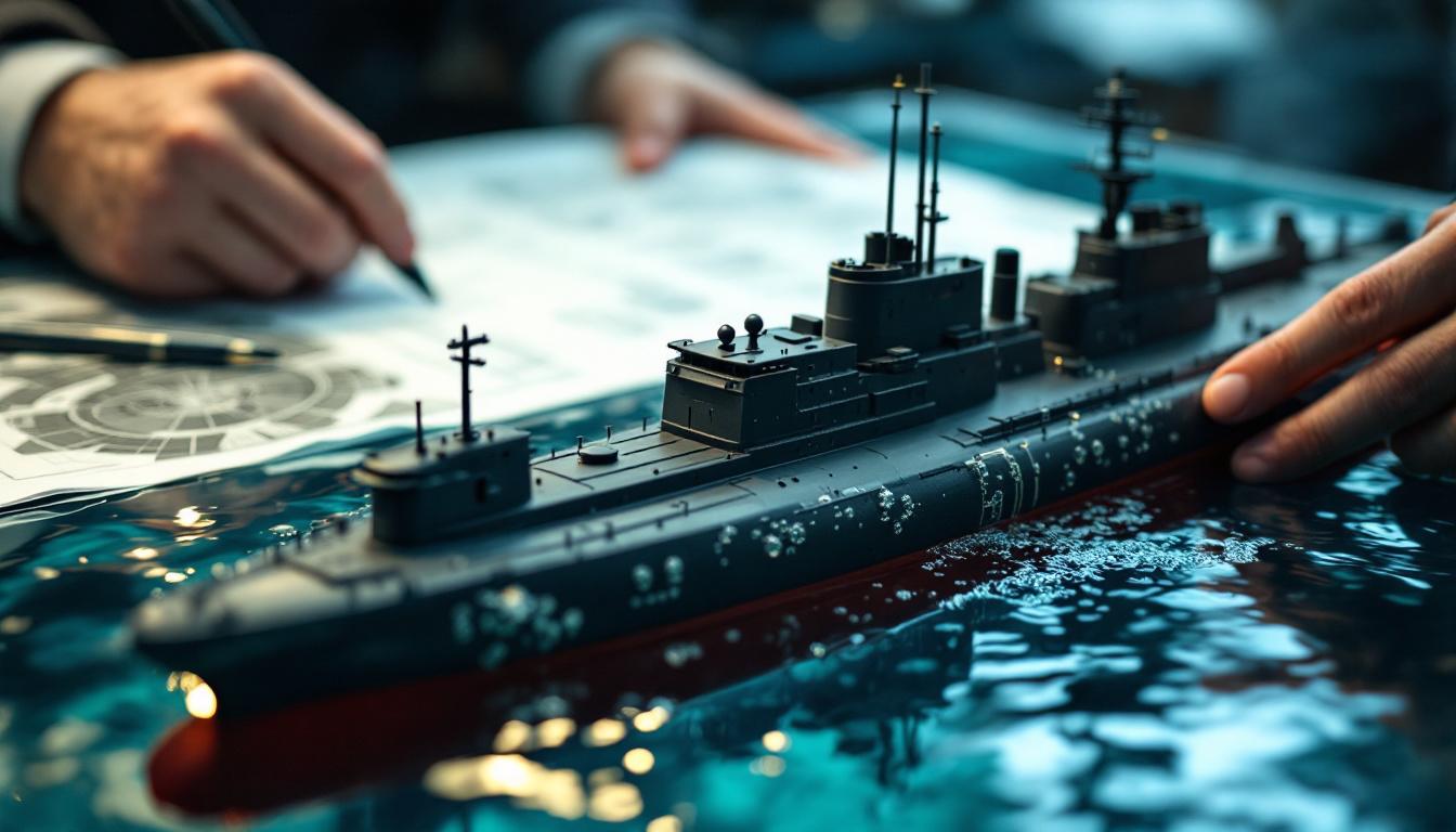 A person guiding a scale model of a naval vessel through water while reviewing engineering plans in the background.