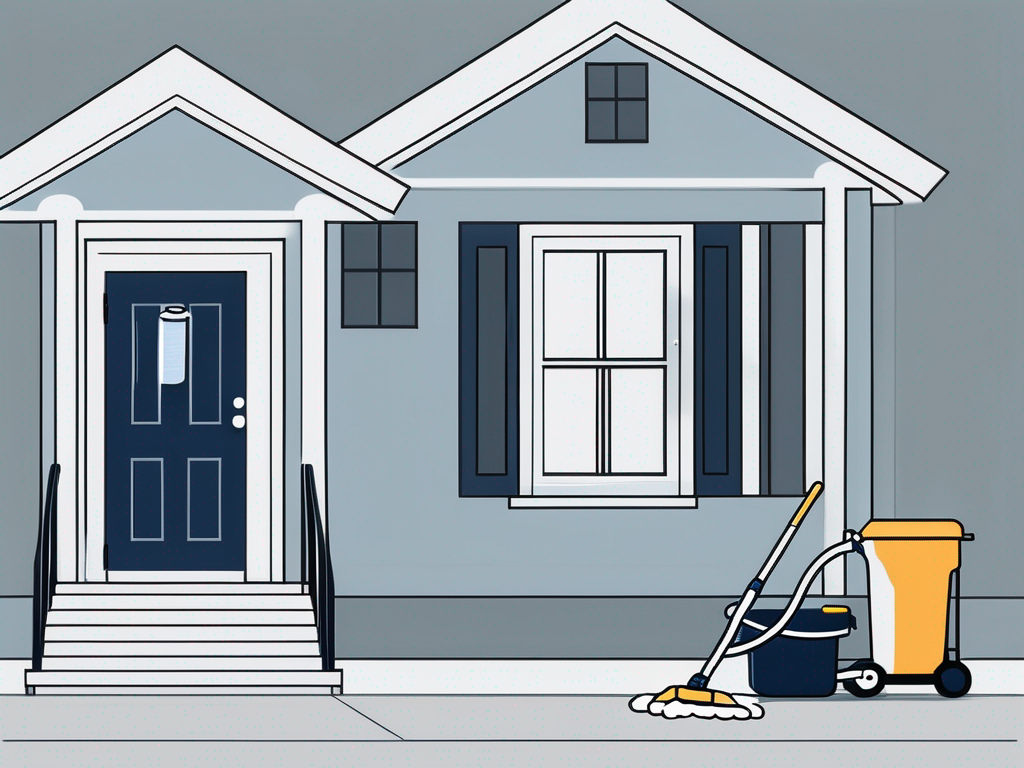 a pristine, well-kept house in Mount Airy with cleaning equipment like a mop, bucket, and duster nearby, and a van with the Drinkwater Cleaners logo parked outside, hand-drawn abstract illustration for a company blog, white background, professional, minimalist, clean lines, deep blue and slate a pristine, well-kept house in Mount Airy with cleaning equipment like a mop, bucket, and duster nearby, and a van with the Drinkwater Cleaners logo parked outside, hand-drawn abstract illustration for a company blog, white background, professional, minimalist, clean lines, deep blue and slate