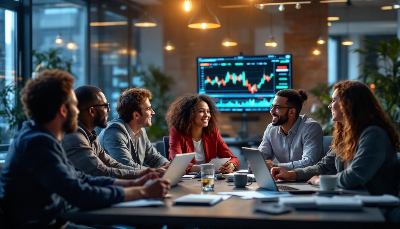 a photograph of a dynamic office environment featuring a diverse team of professionals engaged in a collaborative discussion, with financial charts and stock market data displayed on screens in the background, reflecting the innovative spirit and growth potential of Myseum Inc, photographic, realistic, for a startup's blog, low saturation, life-like realistic soft lighting 4k sigma 50mm f2.8