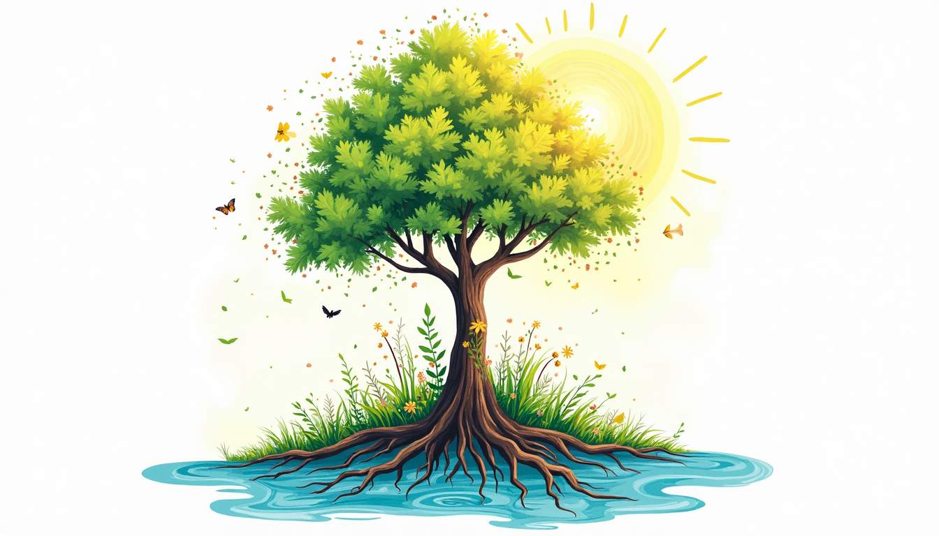 Draw an illustration of a vibrant tree with roots intertwining various natural elements like water, herbs, and sunlight, surrounded by symbols of balance and harmony such as flowing patterns and gentle light orbs, hand-drawn abstract illustration for a company blog, white background, professional, minimalist, clean lines, faded colors