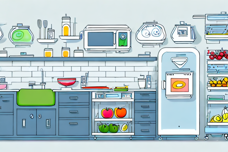 a commercial kitchen with visible safety measures like color-coded chopping boards, a separate sink for washing fruits and vegetables, a food thermometer, and a refrigerator with properly stored food items, hand-drawn abstract illustration for a company blog, in style of corporate memphis, faded colors, white background, professional, minimalist, clean lines