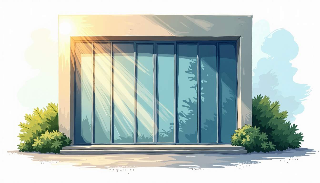 an office building with large windows being applied with sleek, dark window tint, showcasing the contrast between the reflective surface and the bright outdoors, along with elements like sunlight rays and greenery in the background, hand-drawn abstract illustration for a company blog, white background, professional, minimalist, clean lines, faded colors