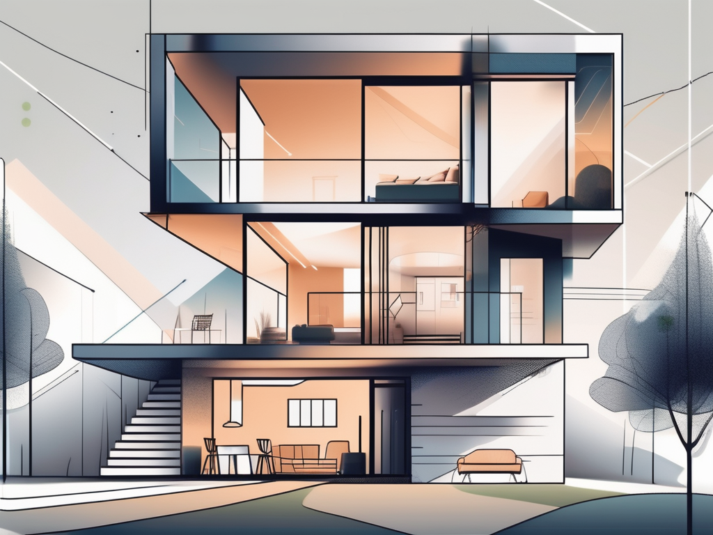 a modern house with a digital interface overlay, showcasing various aspects of home sales like prices, location, and interior features, symbolizing the tech-driven transformation in the real estate market, hand-drawn abstract illustration for a company blog, white background, professional, minimalist, clean lines, faded colors