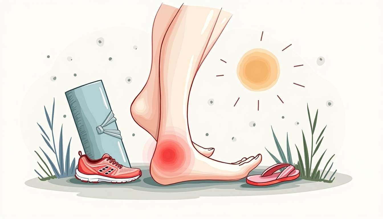 a close-up of a foot with an emphasis on the heel, surrounded by visual elements representing common activities that can lead to heel pain and plantar fasciitis, such as running shoes, a yoga mat, and a pair of flip-flops, all set against a subtle background that suggests a home or outdoor environment, hand-drawn abstract illustration for a company blog, white background, professional, minimalist, clean lines, faded colors