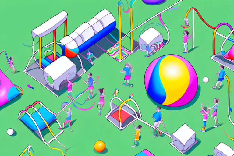 a colorful bounce house in a park setting with a ball and a jump rope nearby, indicating active play, hand-drawn abstract illustration for a company blog, in style of corporate memphis, faded colors, white background, professional, minimalist, clean lines