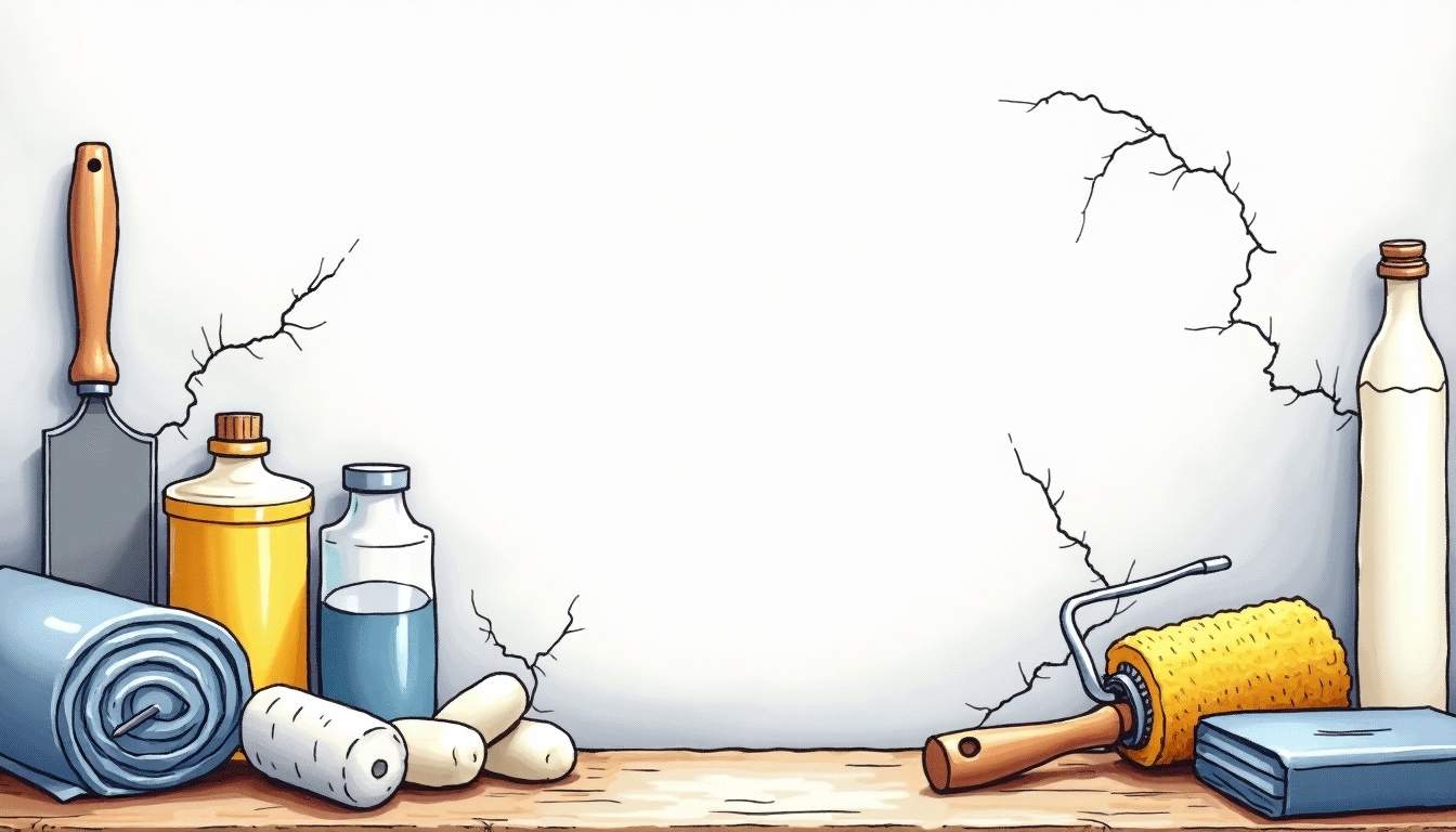 an assortment of tools and materials used for preparing surfaces before painting, such as a putty knife, sandpaper, crack filler, and a paint roller, arranged on a textured background that suggests a wall with visible cracks and uneven patches, hand-drawn abstract illustration for a company blog, white background, professional, minimalist, clean lines, faded colors