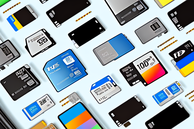 various types of memory cards alongside different devices such as a camera, laptop, and smartphone, indicating the compatibility of each, hand-drawn abstract illustration for a company blog, in style of corporate memphis, faded colors, white background, professional, minimalist, clean lines