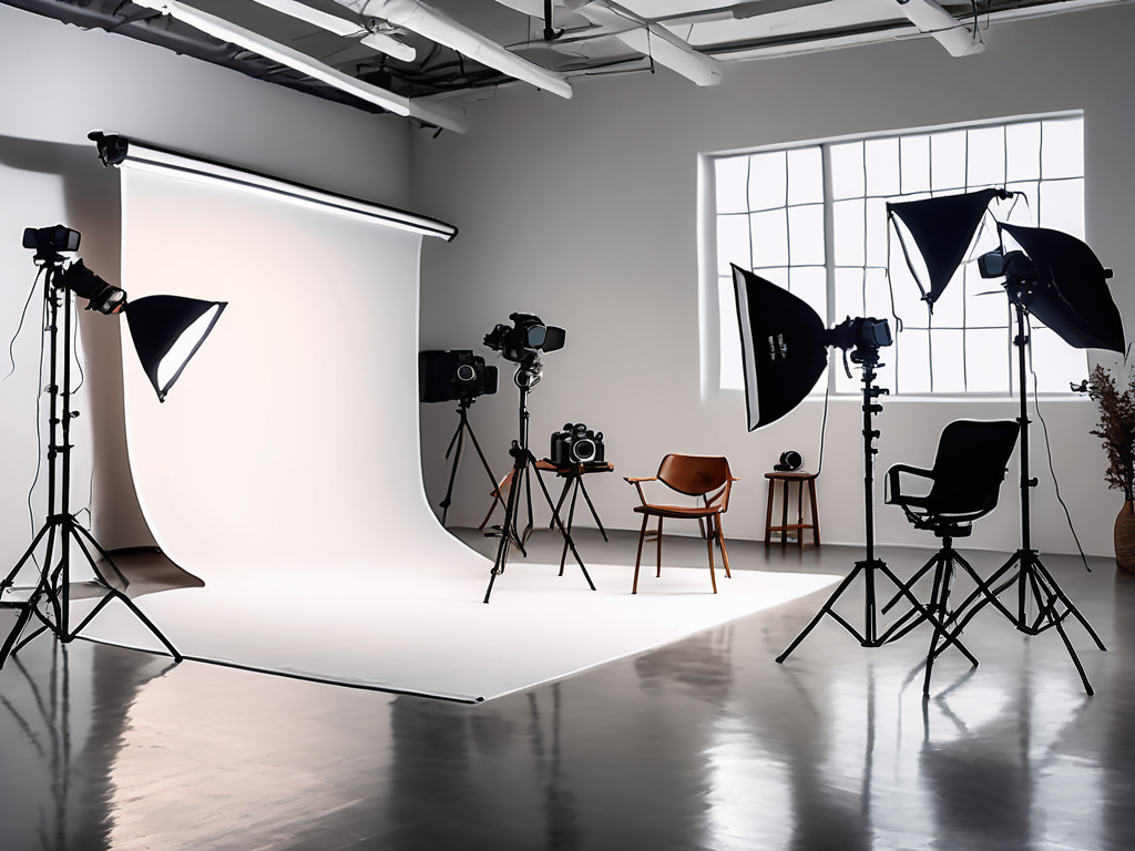 a photography studio setup with various equipment like cameras, tripods, lighting fixtures, and backdrops, and also include elements like a workshop setting with chairs and a projector screen, hand-drawn abstract illustration for a company blog, white background, professional, minimalist, clean lines, faded colors