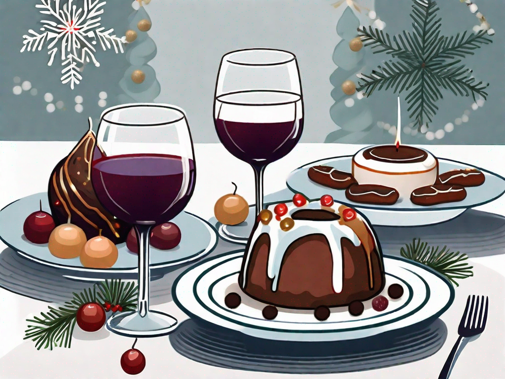 a festive table setting featuring a variety of holiday desserts such as a Christmas pudding, fruitcake, and Hanukkah doughnuts, paired with different types of wine in elegant glasses, hand-drawn abstract illustration for a company blog, white background, professional, minimalist, clean lines, faded colors