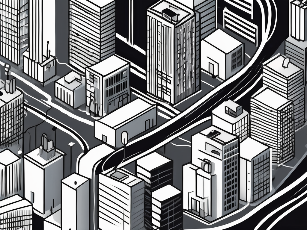 a cityscape with various buildings symbolizing different local publications, and a network of lines connecting them, representing the neighborhood networks, with leads or pipelines flowing from the buildings, hand-drawn abstract illustration for a company blog, white background, professional, minimalist, clean lines, black and white