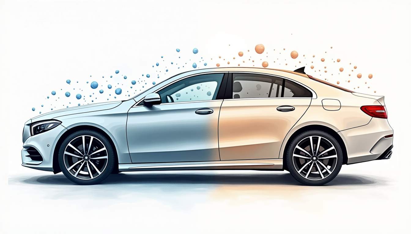 a sleek car with a glossy finish, showcasing the contrast between a protective layer of paint protection film (PPF) and a ceramic coating, with visual elements like water beads and dirt repellent effects to emphasize the benefits of both treatments, hand-drawn abstract illustration for a company blog, white background, professional, minimalist, clean lines, faded colors