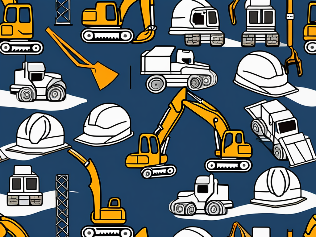 various excavation tools such as shovels, pickaxes, and hard hats arranged around a construction site with an excavator in the background, hand-drawn abstract illustration for a company blog, white background, professional, minimalist, clean lines, light navy blue and gray