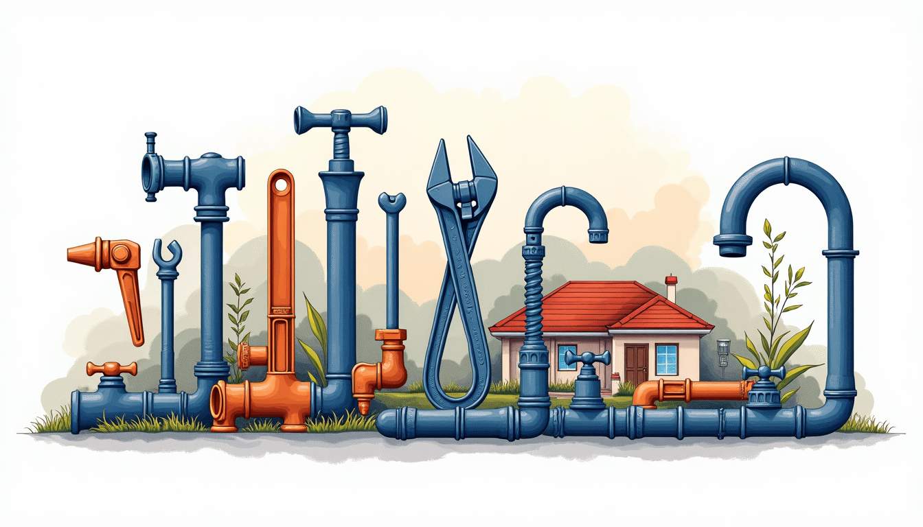 an array of essential plumbing tools and fixtures, such as wrenches, pipes, faucets, and a plumbing snake, arranged artistically against a backdrop of a typical Singaporean home, highlighting both modern and traditional elements, hand-drawn abstract illustration for a company blog, white background, professional, minimalist, clean lines, faded colors