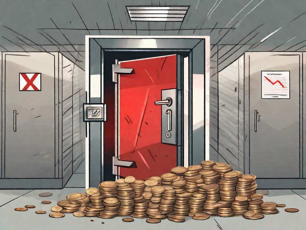 a bank vault with a closed door, a check marked with a red 'X', and a pile of coins and banknotes, indicating the concept of uncollected funds, hand-drawn abstract illustration for a company blog, white background, professional, minimalist, clean lines, faded colors
