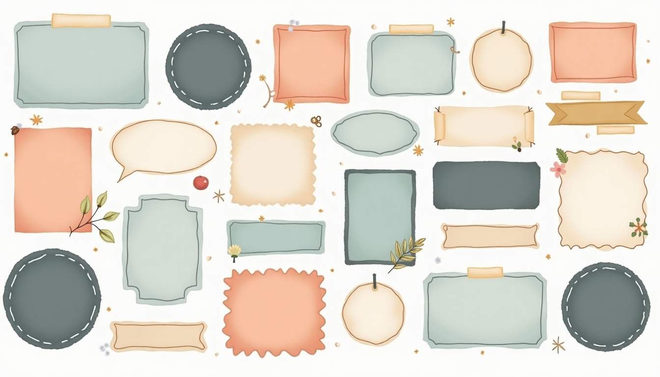 an array of blank labels in various shapes and sizes, creatively arranged with different textures and colors, set against a backdrop of a dynamic workspace to highlight their versatility for different business applications, hand-drawn abstract illustration for a company blog, white background, professional, minimalist, clean lines, faded colors