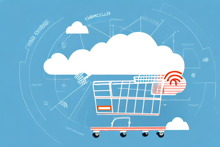 a cloud-shaped data center connected to various retail elements like shopping carts, barcodes, and price tags, symbolizing the Amazon Marketing Cloud's role in retail analytics, hand-drawn abstract illustration for a company blog, in style of corporate memphis, faded colors, white background, professional, minimalist, clean lines