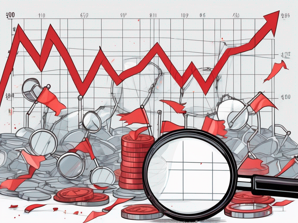 a magnifying glass hovering over a forex chart with scattered red flags, and a broken chain symbolizing recovered wealth, hand-drawn abstract illustration for a company blog, white background, professional, minimalist, clean lines, faded colors