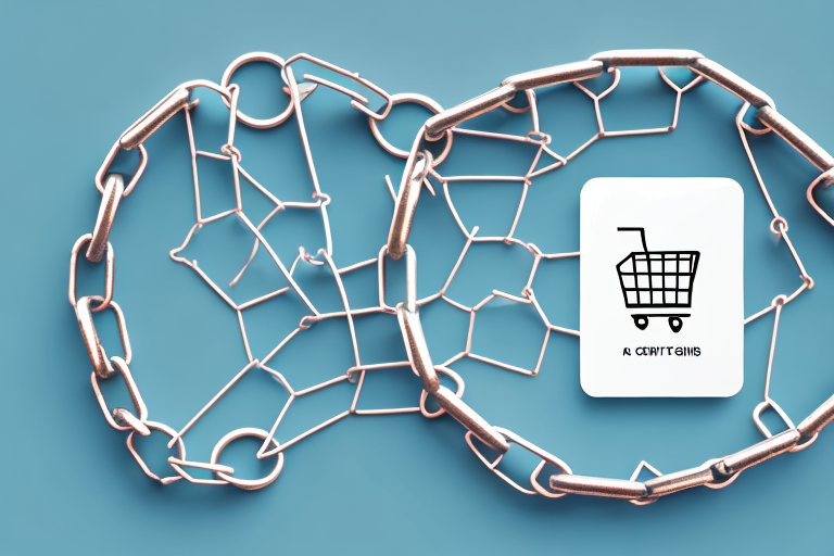 a broken chain link, symbolizing the breaking of the cycle, with a credit card and a shopping cart on either side of the break, hand-drawn abstract illustration for a company blog, in style of corporate memphis, faded colors, white background, professional, minimalist, clean lines
