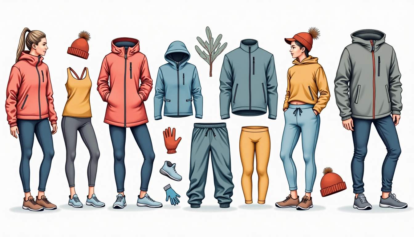 an array of seasonal activewear items, such as lightweight jackets, moisture-wicking shirts, leggings, and accessories like hats and gloves, arranged in a visually appealing way to showcase versatility for different weather conditions, hand-drawn abstract illustration for a company blog, white background, professional, minimalist, clean lines, faded colors