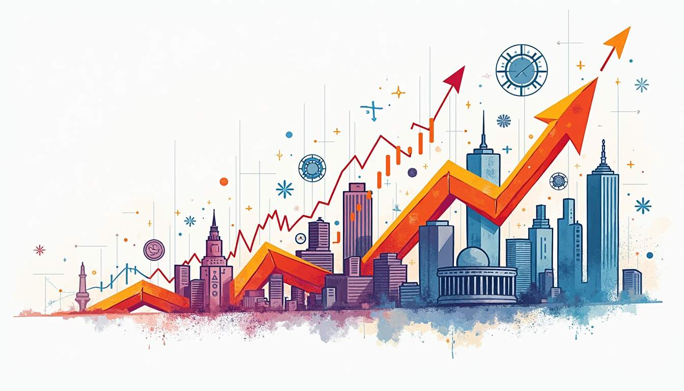 an abstract representation of a dynamic, multi-faceted portfolio, incorporating various financial symbols like stocks, bonds, and real estate, intertwined with vibrant arrows and graphs that signify growth and maximized returns, hand-drawn abstract illustration for a company blog, white background, professional, minimalist, clean lines, faded colors