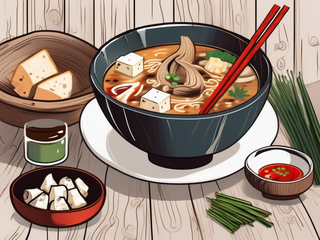 a steaming bowl of hot and sour soup, surrounded by its main ingredients like tofu, mushrooms, bamboo shoots, and vinegar, all set on a rustic wooden table, hand-drawn abstract illustration for a company blog, white background, professional, minimalist, clean lines, faded colors
