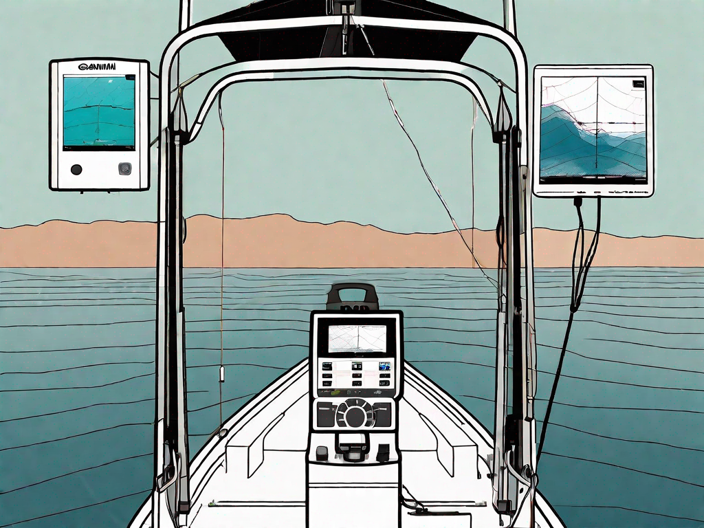 the Garmin Panoptix Livescope System, showcasing its various components such as the transducer, black box, and display unit, set against a background of a boat on a calm lake, hand-drawn abstract illustration for a company blog, white background, professional, minimalist, clean lines, faded colors