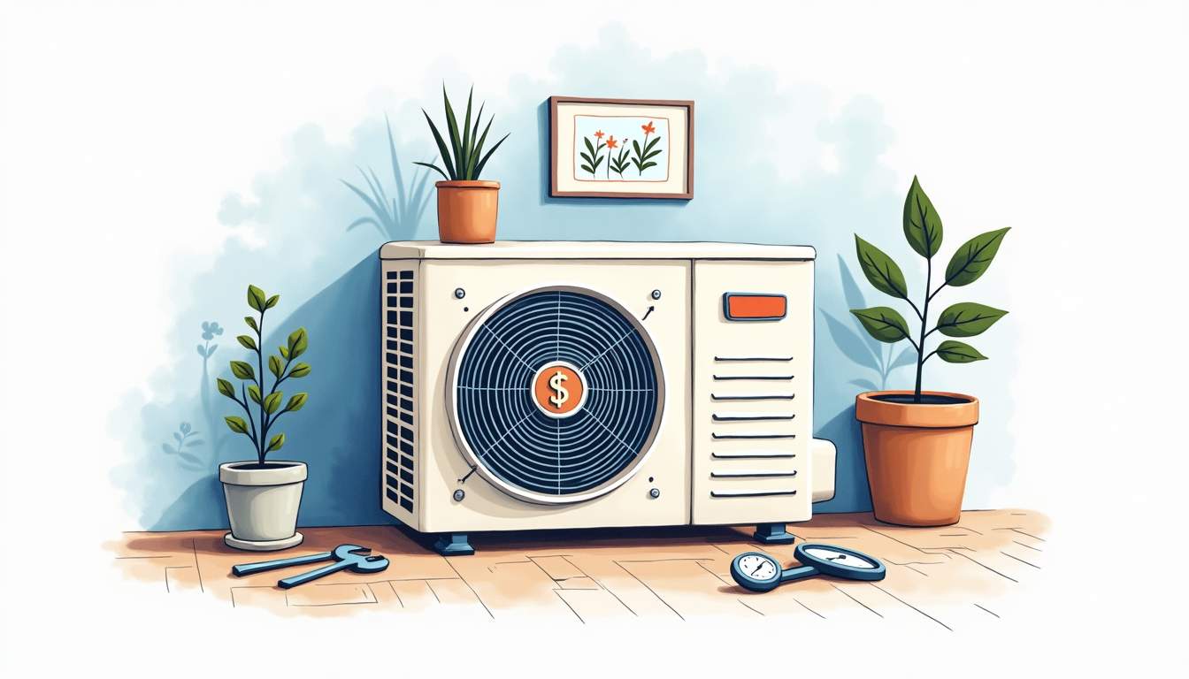 an air conditioning unit with a dollar sign integrated into the design, surrounded by tools like a wrench and a thermometer, set against a backdrop of a cozy, well-maintained home environment, hand-drawn abstract illustration for a company blog, white background, professional, minimalist, clean lines, faded colors