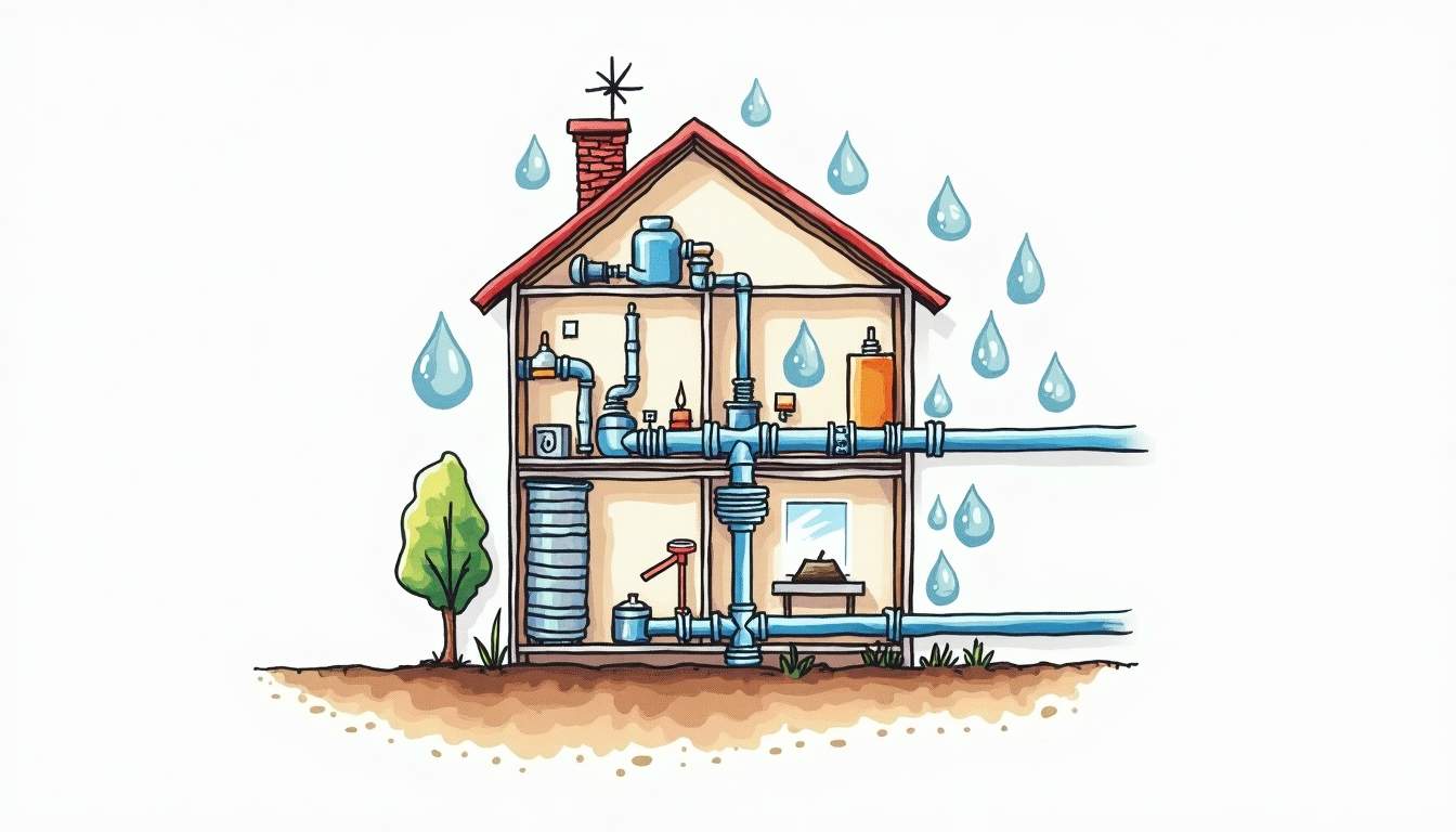 a cross-section of a house showing various types of pipes and common leak points, such as joints, fittings, and valves, with water droplets and signs of wear to highlight potential issues, alongside visual elements representing preventive measures like pipe insulation and sealant, hand-drawn abstract illustration for a company blog, white background, professional, minimalist, clean lines, faded colors
