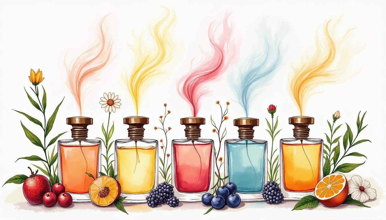 a collection of elegant fragrance bottles surrounded by various natural elements like flowers, fruits, and herbs, each emanating colorful, swirling scents that visually represent different moods such as calm, happiness, and energy, hand-drawn abstract illustration for a company blog, white background, professional, minimalist, clean lines, faded colors